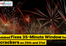 Ahmedabad Fixes 35-Minute Window for Firecrackers on 25th and 31st Fireworks lighting up the night sky in Ahmedabad, with a news headline announcing a fixed 35-minute time window for bursting firecrackers on the 25th and 31st.