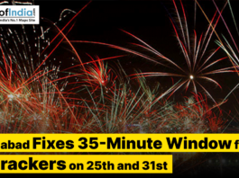 Fireworks lighting up the night sky in Ahmedabad, with a news headline announcing a fixed 35-minute time window for bursting firecrackers on the 25th and 31st.