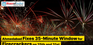 Ahmedabad Fixes 35-Minute Window for Firecrackers on 25th and 31st Fireworks lighting up the night sky in Ahmedabad, with a news headline announcing a fixed 35-minute time window for bursting firecrackers on the 25th and 31st.