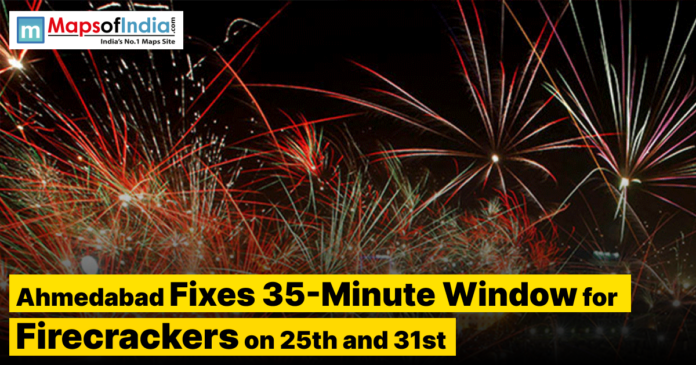 Fireworks lighting up the night sky in Ahmedabad, with a news headline announcing a fixed 35-minute time window for bursting firecrackers on the 25th and 31st.