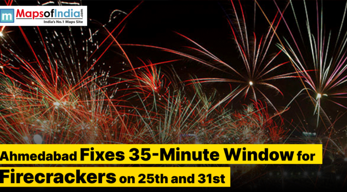 Ahmedabad Fixes 35-Minute Window for Firecrackers on 25th and 31st Fireworks lighting up the night sky in Ahmedabad, with a news headline announcing a fixed 35-minute time window for bursting firecrackers on the 25th and 31st.