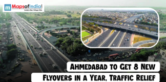Ahmedabad to Get 8 New Flyovers in a Year, Traffic Relief Aerial view of busy highways and flyovers in Ahmedabad, with an inset image showing another elevated road network. A headline at the bottom reads, “Ahmedabad to Get 8 New Flyovers in a Year, Traffic Relief,” and the Maps of India logo appears at the top left.