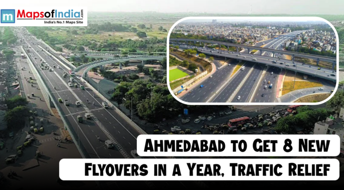 Ahmedabad to Get 8 New Flyovers in a Year, Traffic Relief Aerial view of busy highways and flyovers in Ahmedabad, with an inset image showing another elevated road network. A headline at the bottom reads, “Ahmedabad to Get 8 New Flyovers in a Year, Traffic Relief,” and the Maps of India logo appears at the top left.