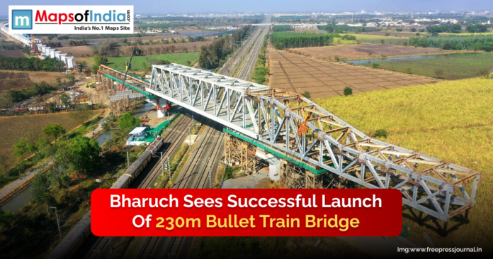 Bharuch Sees Successful Launch of 230m Bullet Train Bridge Drone view of bullet metro bridge