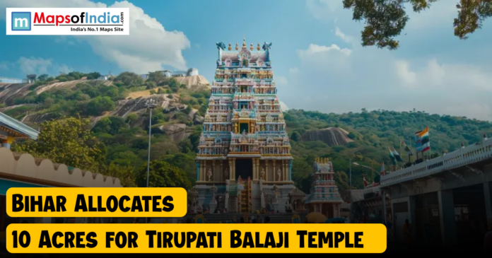Bihar Allocates Image of Tirupati Balaji Temple with surrounding hills, highlighting news that Bihar has allocated 10 acres of land for building a new Tirupati Balaji Temple