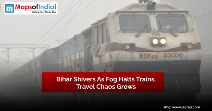 Foggy weather in Bihar causes trains to slow down, showing a train barely visible through dense fog
