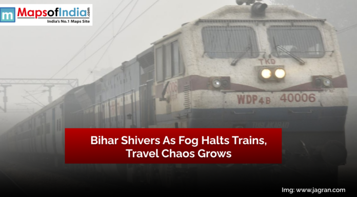 Bihar Shivers as Fog Halts Trains, Travel Chaos Grows Foggy weather in Bihar causes trains to slow down, showing a train barely visible through dense fog