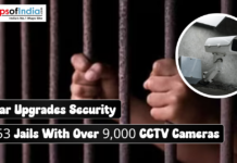 Bihar Upgrades Security in 53 Jails With Over 9,000 CCTV Cameras Hands gripping prison bars, with an inset circular image of a surveillance camera, below the text: "Bihar Upgrades Security in 53 Jails With Over 9,000 CCTV Cameras".
