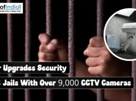 Bihar Upgrades Security in 53 Jails With Over 9,000 CCTV Cameras Hands gripping prison bars, with an inset circular image of a surveillance camera, below the text: "Bihar Upgrades Security in 53 Jails With Over 9,000 CCTV Cameras".
