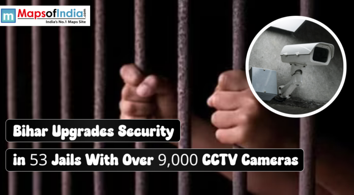 Bihar Upgrades Security in 53 Jails With Over 9,000 CCTV Cameras Hands gripping prison bars, with an inset circular image of a surveillance camera, below the text: "Bihar Upgrades Security in 53 Jails With Over 9,000 CCTV Cameras".
