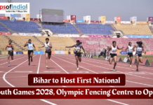Bihar to Host First National Youth Games 2028, Olympic Fencing Centre to Open Athletes sprinting on a track inside a stadium, highlighting Bihar hosting the first National Youth Games 2028 and the opening of an Olympic fencing training centre.
