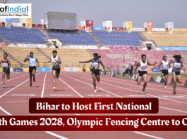 Bihar to Host First National Youth Games 2028, Olympic Fencing Centre to Open Athletes sprinting on a track inside a stadium, highlighting Bihar hosting the first National Youth Games 2028 and the opening of an Olympic fencing training centre.