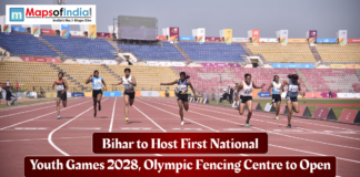 Bihar to Host First National Youth Games 2028, Olympic Fencing Centre to Open Athletes sprinting on a track inside a stadium, highlighting Bihar hosting the first National Youth Games 2028 and the opening of an Olympic fencing training centre.