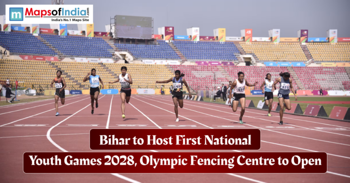 Bihar to host first National Athletes sprinting on a track inside a stadium, highlighting Bihar hosting the first National Youth Games 2028 and the opening of an Olympic fencing training centre.
