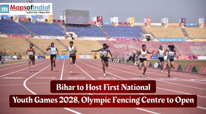 Bihar to Host First National Youth Games 2028, Olympic Fencing Centre to Open Athletes sprinting on a track inside a stadium, highlighting Bihar hosting the first National Youth Games 2028 and the opening of an Olympic fencing training centre.