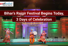 Bihar’s Rajgir Festival Begins Today, 3 Days of Celebration Traditional dancers in colorful attire perform on a stage in front of an illuminated fort-like backdrop during Bihar’s Rajgir Festival, with text stating the 3-day celebration begins today.