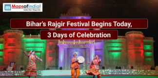 Bihar’s Rajgir Festival Begins Today, 3 Days of Celebration Traditional dancers in colorful attire perform on a stage in front of an illuminated fort-like backdrop during Bihar’s Rajgir Festival, with text stating the 3-day celebration begins today.