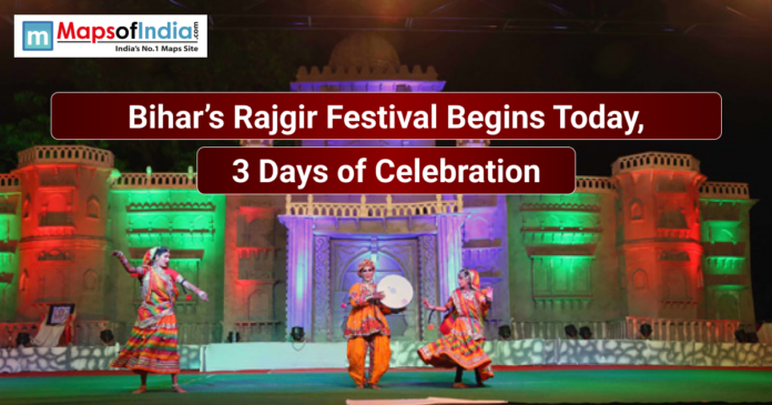 Bihars Rajgir Traditional dancers in colorful attire perform on a stage in front of an illuminated fort-like backdrop during Bihar’s Rajgir Festival, with text stating the 3-day celebration begins today.
