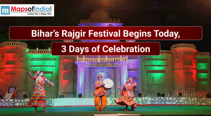 Bihar’s Rajgir Festival Begins Today, 3 Days of Celebration Traditional dancers in colorful attire perform on a stage in front of an illuminated fort-like backdrop during Bihar’s Rajgir Festival, with text stating the 3-day celebration begins today.