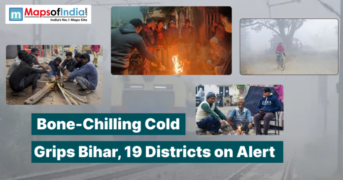 People gather around bonfires as dense cold conditions grip Bihar with multiple districts on alert.