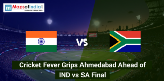 Cricket Fever Grips Ahmedabad Ahead of IND vs SA Final An aerial view of a packed cricket stadium at night under bright floodlights, divided into two halves featuring the national flags of India and South Africa. The text overlay reads, "Cricket Fever Grips Ahmedabad Ahead of IND vs SA Final."