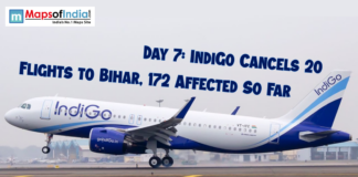 Day 7: IndiGo Cancels 20 Flights to Bihar, 172 Affected So Far An IndiGo aircraft is seen on the runway with a headline above it reading, “Day 7: IndiGo Cancels 20 Flights to Bihar, 172 Affected So Far.” The Maps of India logo appears in the top left corner.