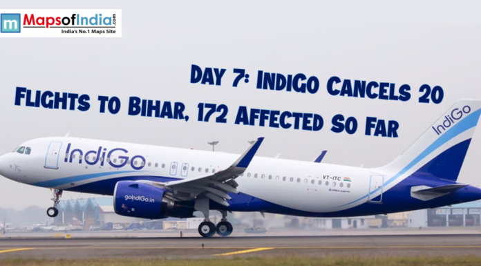 Day 7: IndiGo Cancels 20 Flights to Bihar, 172 Affected So Far An IndiGo aircraft is seen on the runway with a headline above it reading, “Day 7: IndiGo Cancels 20 Flights to Bihar, 172 Affected So Far.” The Maps of India logo appears in the top left corner.