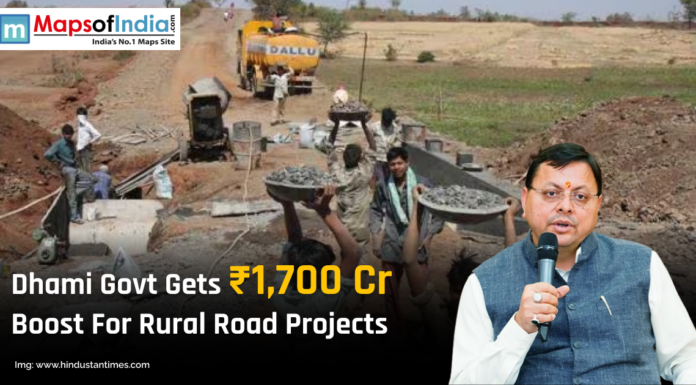 Dhami Govt Gets ₹1,700 Cr Boost for Rural Road Projects Dhami government announces ₹1,700 crore boost for rural road projects, with workers constructing a rural road and a photo of Pushkar Singh Dhami