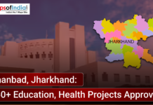 Dhanbad, Jharkhand: 550+ Education, Health Projects Approved News graphic showing Dhanbad, Jharkhand, with a district map of Jharkhand highlighted and text announcing approval of 550+ education and health projects, alongside a government building in the background.
