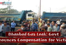 Dhanbad Gas Leak: Govt Announces Compensation for Victims Crowd gathers near parked trucks in Dhanbad as officials inspect the site following a gas leak; headline highlights government compensation for victims.
