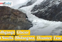 Doodhganga Glacier Melt Swells Bhilangana, Disaster Fear Melting ice at the Doodhganga Glacier causing swollen streams in the Bhilangana region, raising concerns of a potential disaster.