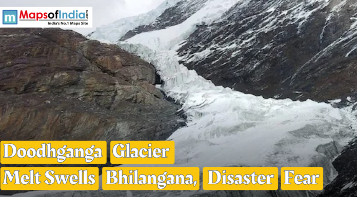 Doodhganga Glacier Melt Swells Bhilangana, Disaster Fear Melting ice at the Doodhganga Glacier causing swollen streams in the Bhilangana region, raising concerns of a potential disaster.