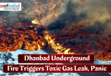 Dhanbad Underground Fire Triggers Toxic Gas Leak, Panic Underground fire in Dhanbad releasing thick smoke and toxic gases, creating a scene of intense flames and rising black fumes.
