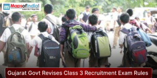 Gujarat Govt Revises Class 3 Recruitment Exam Rules School students wearing uniforms and backpacks walking together outdoors, symbolizing education and examinations, with the headline “Gujarat Govt Revises Class 3 Recruitment Exam Rules” and Maps of India logo.