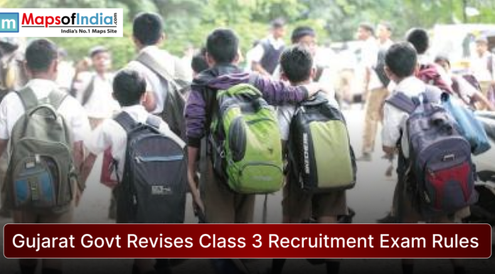 Gujarat Govt Revises Class 3 Recruitment Exam Rules School students wearing uniforms and backpacks walking together outdoors, symbolizing education and examinations, with the headline “Gujarat Govt Revises Class 3 Recruitment Exam Rules” and Maps of India logo.