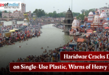 Haridwar Cracks Down on Single-Use Plastic, Warns of Heavy Fines Crowded Haridwar ghats along the Ganga River with temples and devotees, highlighting the city’s crackdown on single-use plastic and warning of heavy fines.