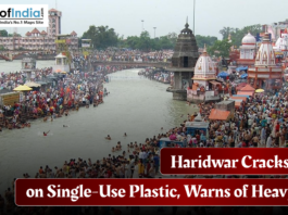 Haridwar Cracks Down on Single-Use Plastic, Warns of Heavy Fines Crowded Haridwar ghats along the Ganga River with temples and devotees, highlighting the city’s crackdown on single-use plastic and warning of heavy fines.