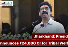 Jharkhand: President Announces ₹24,000 Cr for Tribal Welfare President Droupadi Murmu addressing a gathering in Jharkhand, announcing ₹24,000 crore for tribal welfare, with podium and microphones visible.