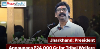 Jharkhand: President Announces ₹24,000 Cr for Tribal Welfare President Droupadi Murmu addressing a gathering in Jharkhand, announcing ₹24,000 crore for tribal welfare, with podium and microphones visible.
