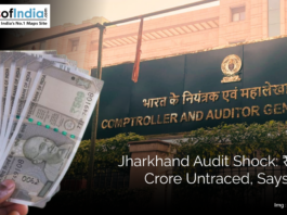 A person holding Indian currency notes and CAG office in the background
