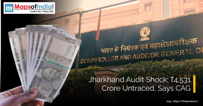 A person holding Indian currency notes and CAG office in the background