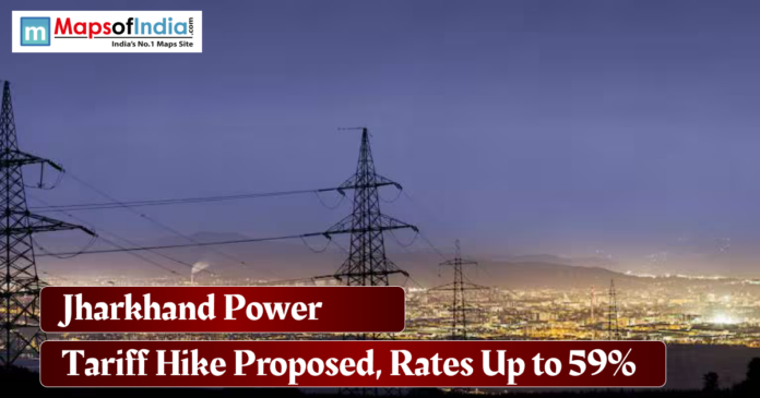 Jharkhand Power Jharkhand power transmission towers at night with city lights in the background and headline reading “Jharkhand Power Tariff Hike Proposed, Rates Up to 59%” from Maps of India.
