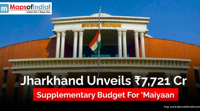 Jharkhand Unveils ₹7,721 Cr Supplementary Budget for ‘Maiyaan’ Front view of the Jharkhand Legislative Assembly building with the Indian flag in front, featuring a headline that reads ‘Jharkhand Unveils ₹7,721 Cr Supplementary Budget for Maiyaan’, along with the Maps of India logo at the top.