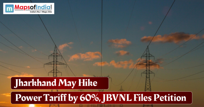 Jharkhand may hike power tariff Electricity transmission towers at sunset with headline about Jharkhand's proposed 60% power tariff hike.