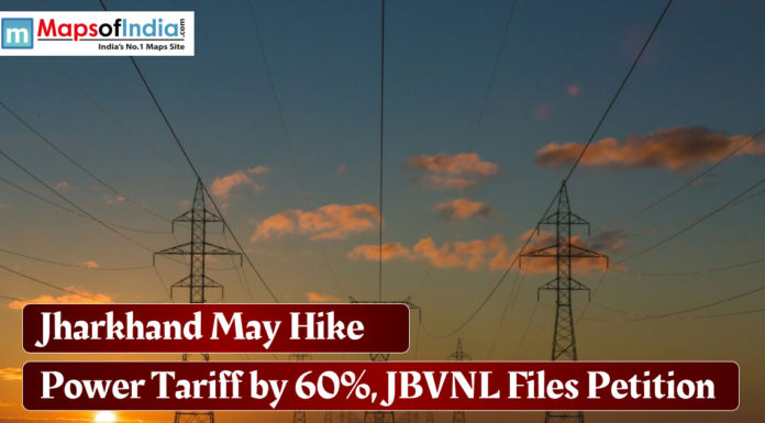 Jharkhand May Hike Power Tariff by 60%, JBVNL Files Petition Electricity transmission towers at sunset with headline about Jharkhand's proposed 60% power tariff hike.