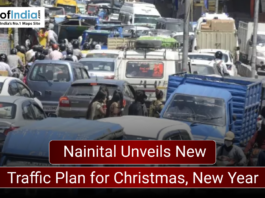 Image showing a heavily congested street in Nainital with cars, bikes, and pedestrians packed closely together. A headline overlay reads, “Nainital Unveils New Traffic Plan for Christmas, New Year,” with the Maps of India logo at the top left.