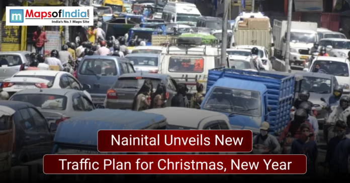 Nainital Image showing a heavily congested street in Nainital with cars, bikes, and pedestrians packed closely together. A headline overlay reads, “Nainital Unveils New Traffic Plan for Christmas, New Year,” with the Maps of India logo at the top left.