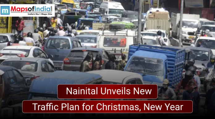 Nainital Unveils New Traffic Plan for Christmas, New Year Image showing a heavily congested street in Nainital with cars, bikes, and pedestrians packed closely together. A headline overlay reads, “Nainital Unveils New Traffic Plan for Christmas, New Year,” with the Maps of India logo at the top left.