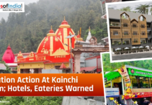 Pollution Action at Kainchi Dham; Hotels, Eateries Warned A collage showing the Kainchi Dham temple surrounded by green hills, alongside images of nearby hotels and eateries. A headline overlay highlights pollution-related warnings issued to local establishments.