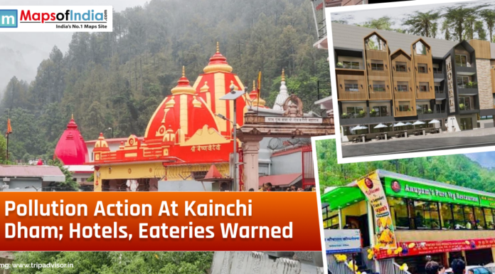 Pollution Action at Kainchi Dham; Hotels, Eateries Warned A collage showing the Kainchi Dham temple surrounded by green hills, alongside images of nearby hotels and eateries. A headline overlay highlights pollution-related warnings issued to local establishments.
